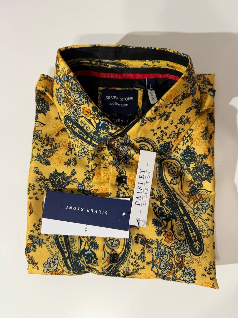 Silver Stone Collection Men’s Large Yellow Paisley Floral Short Sleeve Shirt NWT